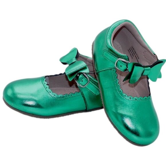 NEW A‎ Bear Co Toddler Size 3 Christmas Green Metallic Livs Flats Girls Bow - Picture 1 of 14